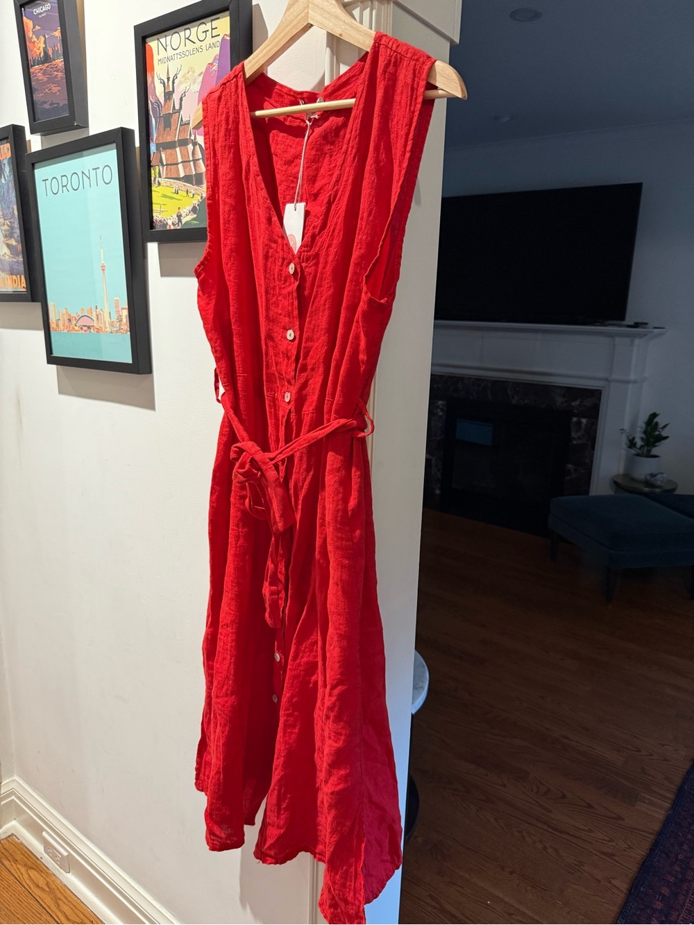 Red Button-Front Linen Sleeveless Midi Dress with Tie Waist, made in Italy